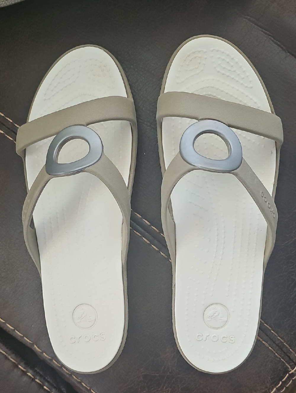 CROCS Women’s Taupe Strap Sandals with White Footbed
